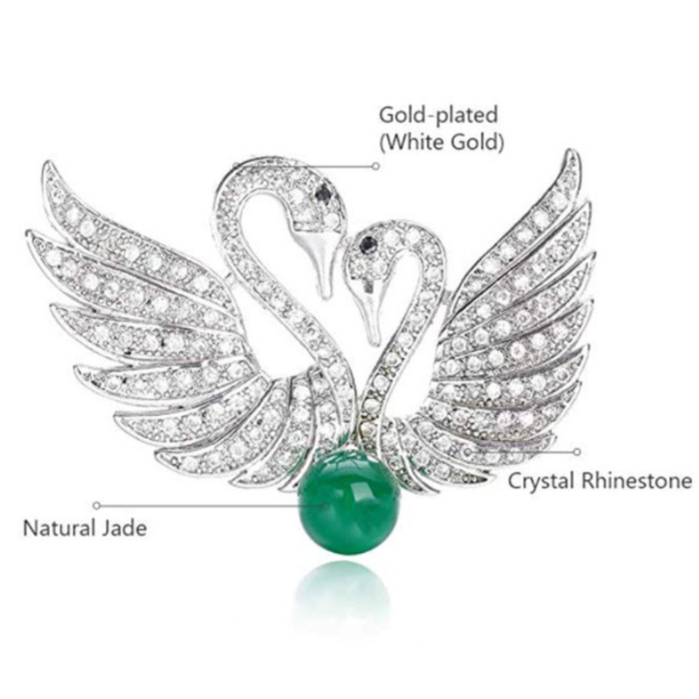 swan couple rhinestone & jade brooch / pendant - Picture 4 of 7
